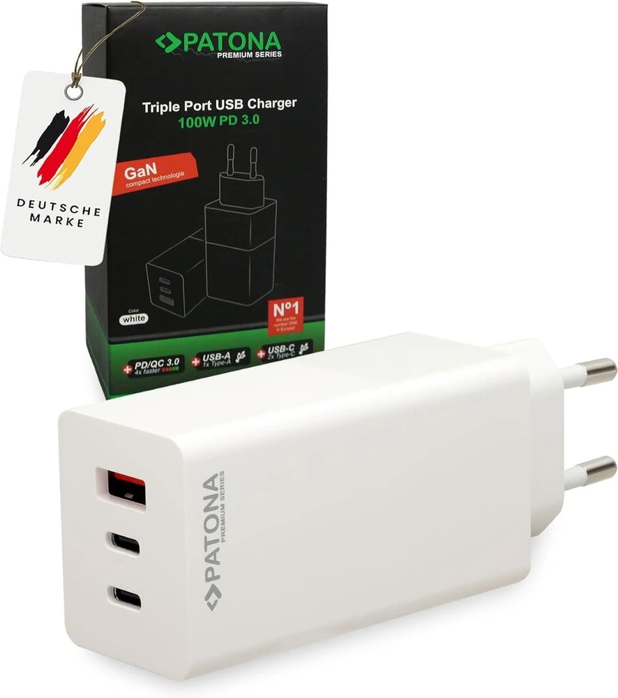 Patona Premium Gan 100 W Pd3.0 greitas įkroviklis, 2 x Usb-c prievadai, 1 x Usb-a, Qc3.0, baltas maitinimo adapteris, kompaktiškas ir galingas maitinimo šaltinis, idealus profesionalams ir dažnai naudojantiems, patvarus ir saugus