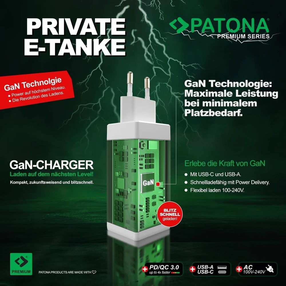 Patona Premium Gan 100 W Pd3.0 greitas įkroviklis, 2 x Usb-c prievadai, 1 x Usb-a, Qc3.0, baltas maitinimo adapteris, kompaktiškas ir galingas maitinimo šaltinis, idealus profesionalams ir dažnai naudojantiems, patvarus ir saugus