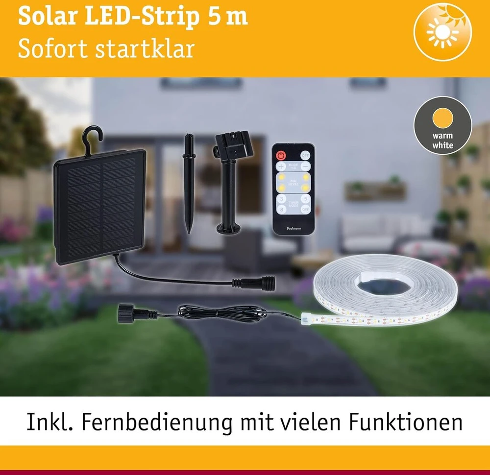 Paulmann 71193 saulės Led juosta 5 m šilta balta nuotolinis valdymas 1x baterija 18650 1500 Mah juoda