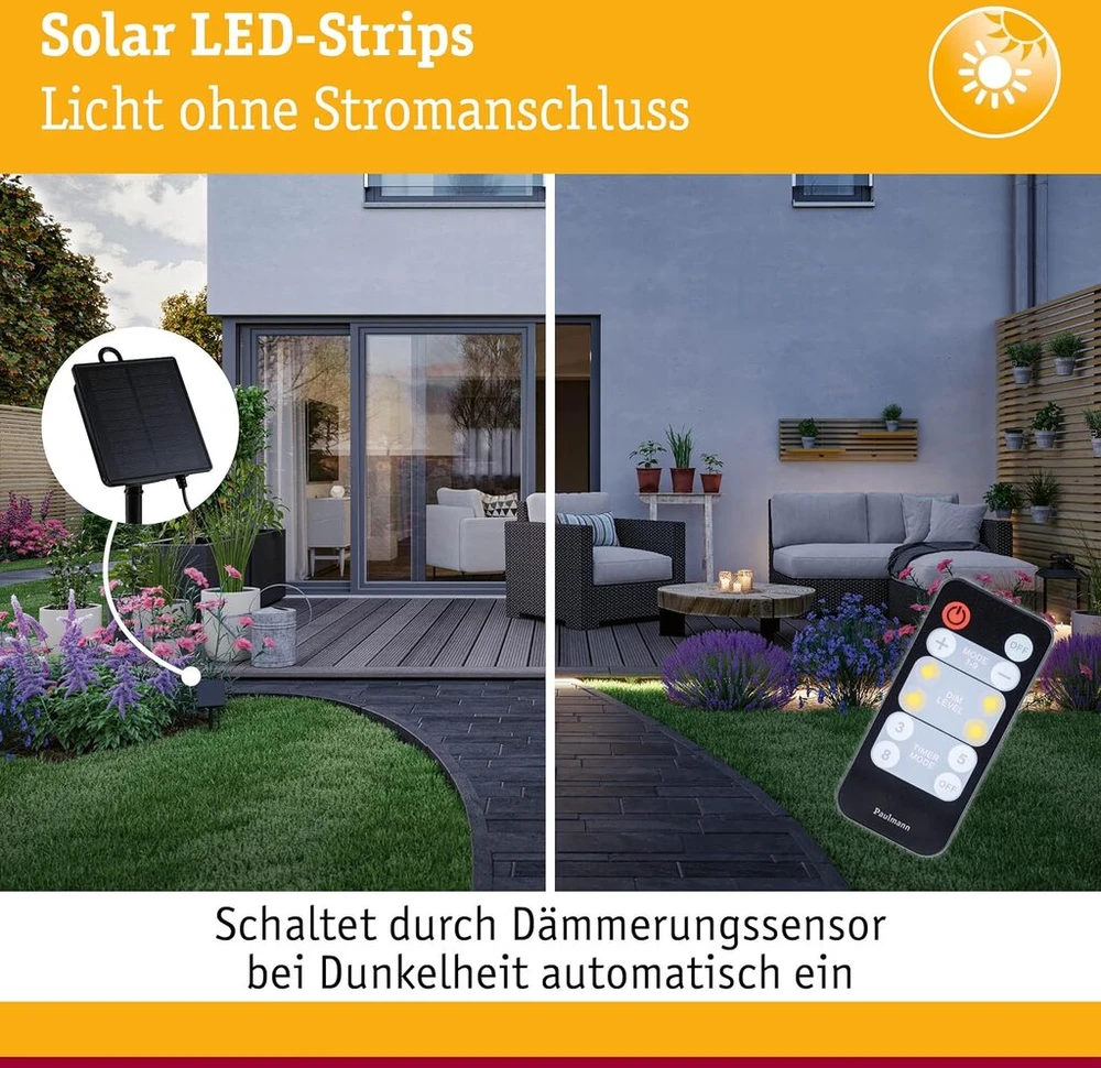 Paulmann 71193 saulės Led juosta 5 m šilta balta nuotolinis valdymas 1x baterija 18650 1500 Mah juoda