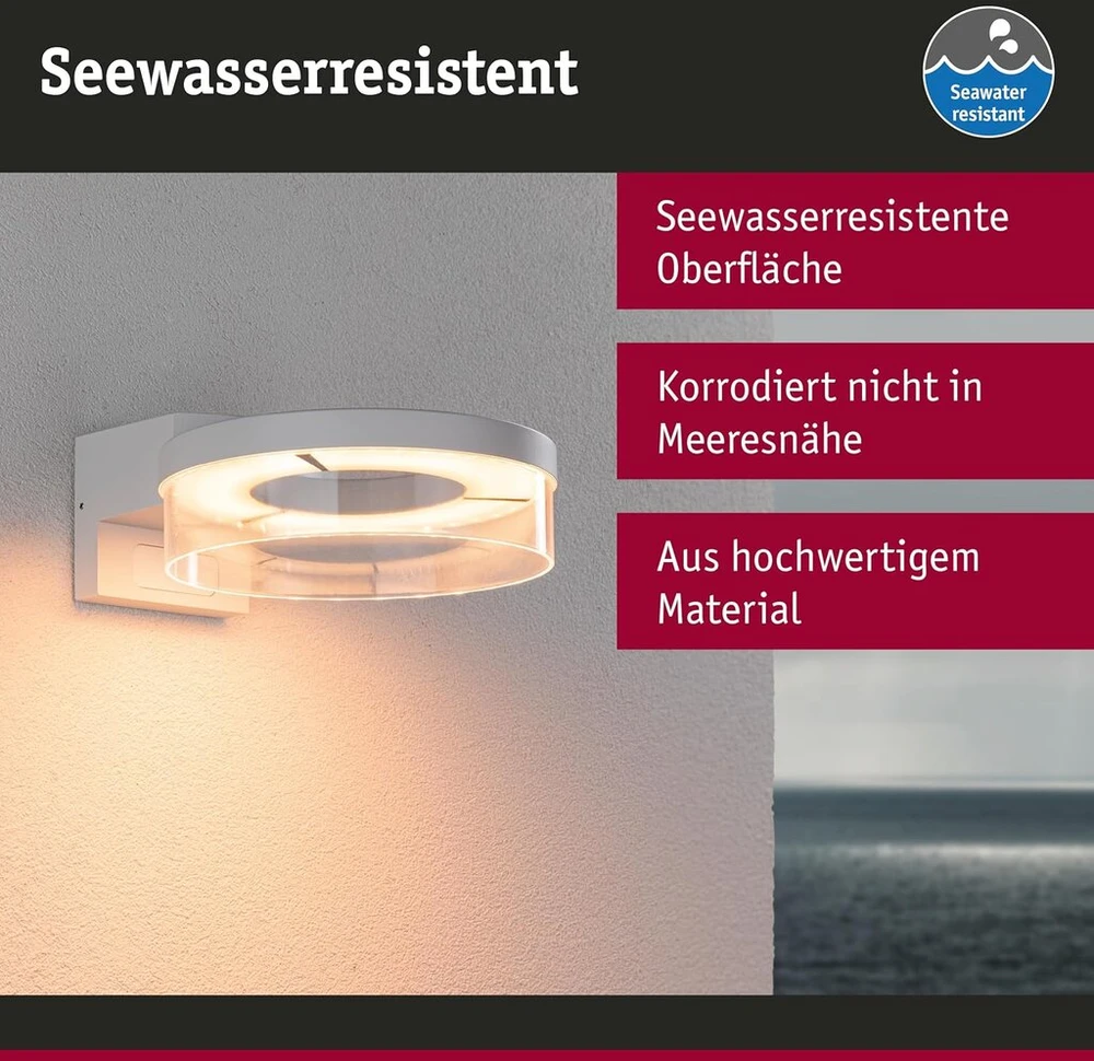 Paulmann 93114 led lauko sieninis šviestuvas zigbee 3.0 capera su judesio davikliu, draugiškas vabzdžiams, ip44, 231 mm, reguliuojama šiluma, 12.5 w, 800 lm, 230 v, baltas aliuminis