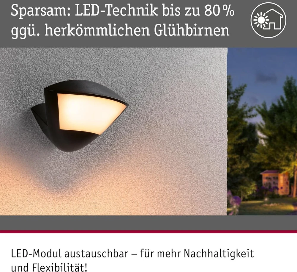 Paulmann 94864 led lauko sieninis šviestuvas zigbee 3.0 skyla su judesio davikliu, draugiškas vabzdžiams, ip44, 226 x 164 mm, reguliuojama šiluma, 10 w, 840 lm, 230 v, antracito spalvos aliuminis
