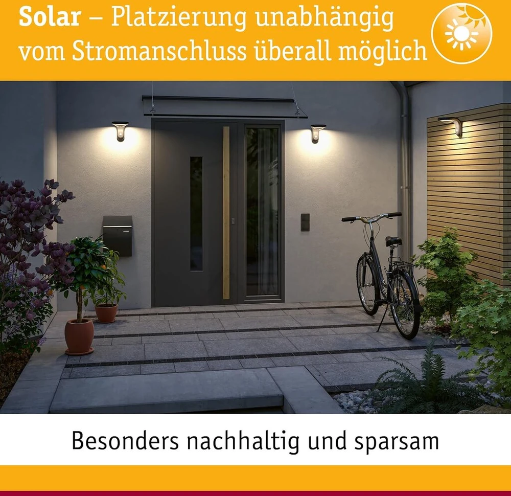 Paulmann Eileen 94570 Led saulės lauko sieninis šviestuvas su judesio davikliu Ip44 3000 K 300 lm komplekte 1 x 5,5 W šiltai balta juoda belaidė plastikinė įkraunama