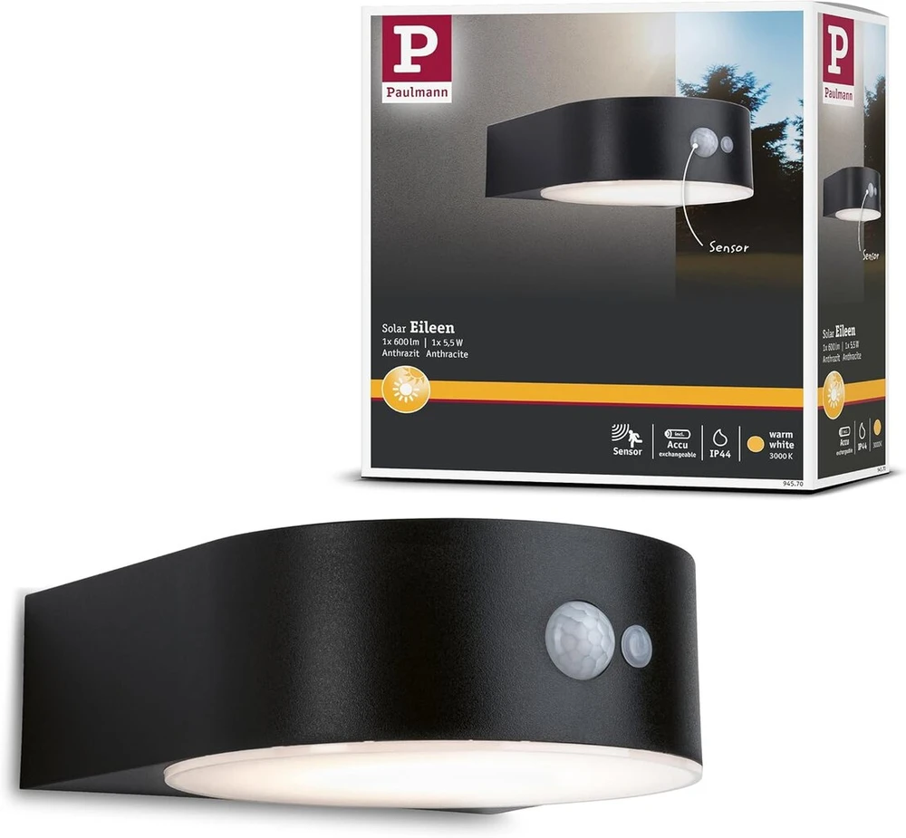 Paulmann Eileen 94570 Led saulės lauko sieninis šviestuvas su judesio davikliu Ip44 3000 K 300 lm komplekte 1 x 5,5 W šiltai balta juoda belaidė plastikinė įkraunama