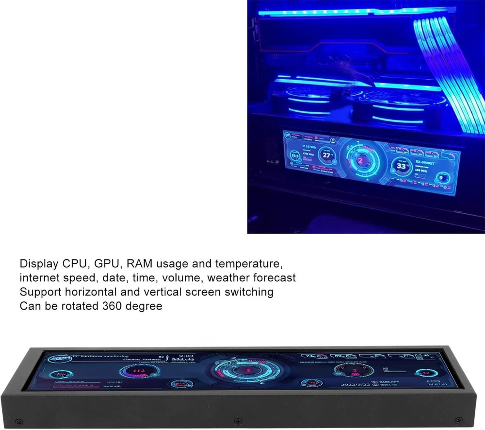 Monitorius Pc sensorinis ekranas, 8.8 colių pc sensorinis ips ekranas 1920 x 480 ssd cpu gpu temperatūros ekranas, kompiuterio temperatūra, skirta rpi, skirta windows, 360 laipsnių pasukimas