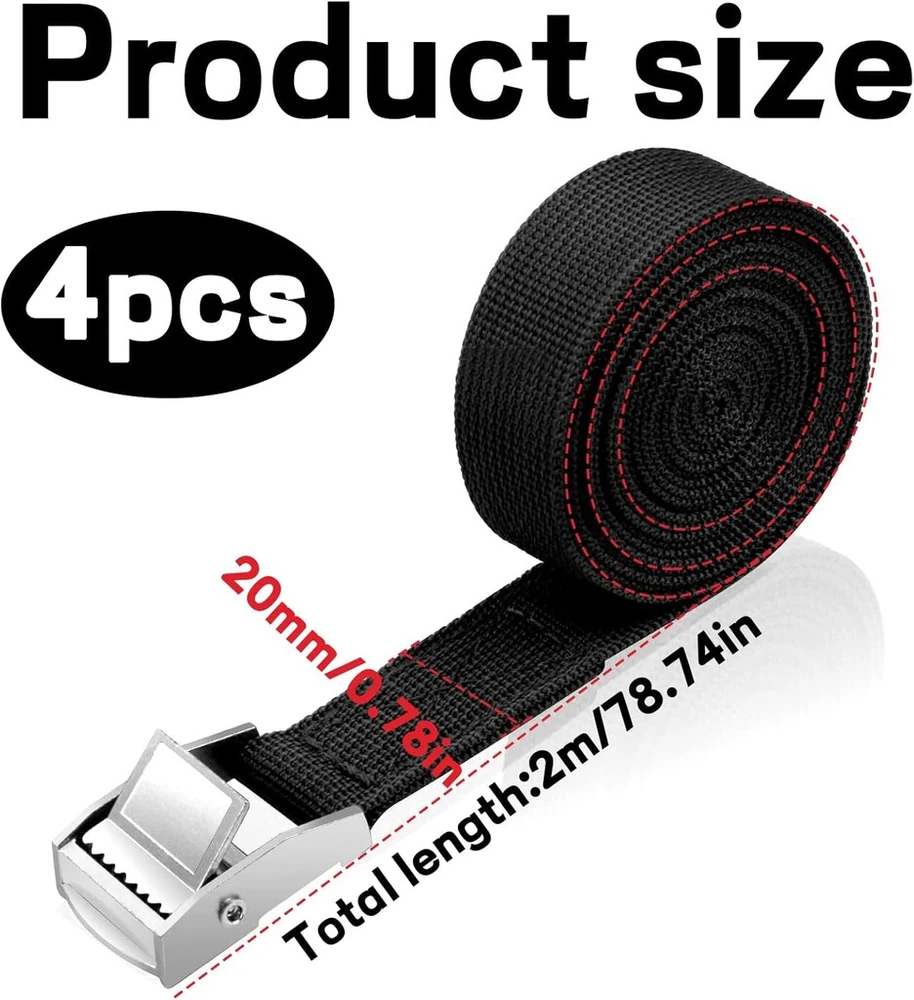 Pcsfoe 4 tvirtinimo diržų rinkinys, 2 m, tvirtinimo diržai, tvirtinimo dirželiai, tvirtinimo diržai, tvirtinimo diržas, reguliuojami tvirtinimo dirželiai su fiksavimo skląsčiu transportavimui, kroviniams, stovyklavimui, bagažui (juodi)