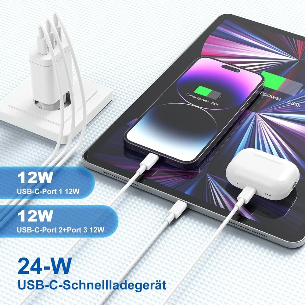 Pd24w iphone įkroviklis, 3 prievadų usb c greitasis įkroviklis, 24 w iphone įkroviklis, usb c maitinimo kištuko adapteris su lightning įkrovimo laidu, 2 m, suderinamas su iphone 14 pro max/13/12/11/airpods