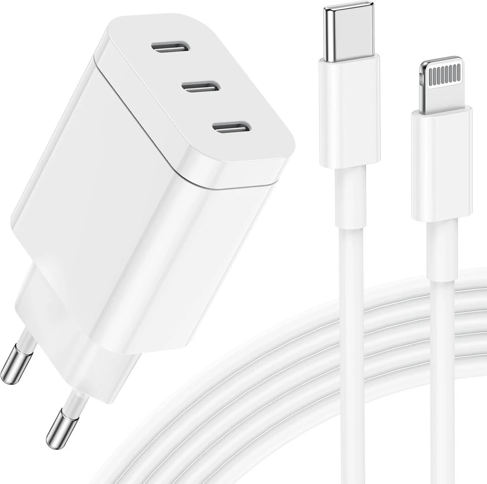 Pd24w iphone įkroviklis, 3 prievadų usb c greitasis įkroviklis, 24 w iphone įkroviklis, usb c maitinimo kištuko adapteris su lightning įkrovimo laidu, 2 m, suderinamas su iphone 14 pro max/13/12/11/airpods