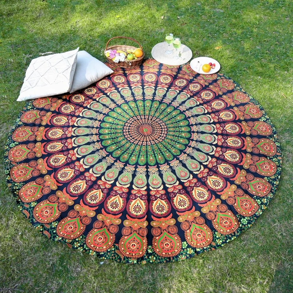 Peacock Mandala gobelenas, 182.9 cm aukso žalumo apvali staltiesė hipių sienų dekoracija trippy gobelenai bohemiška boho patalynė indiška rankų darbo gryna medvilnė