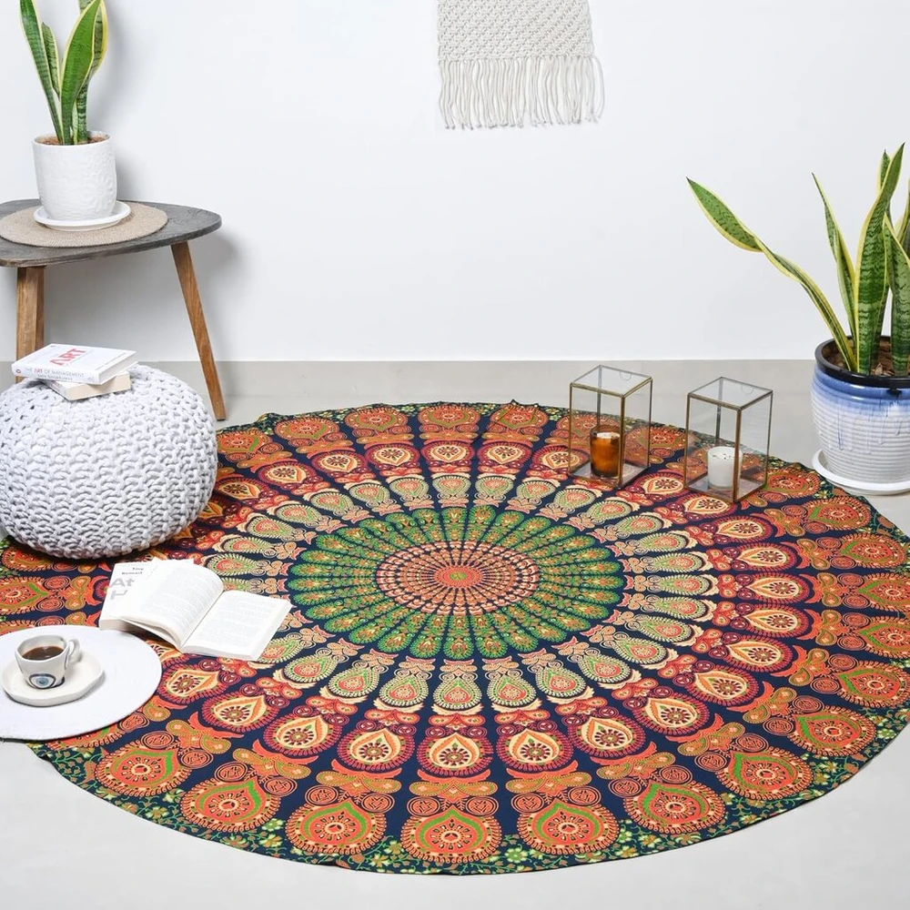 Peacock Mandala gobelenas, 182.9 cm aukso žalumo apvali staltiesė hipių sienų dekoracija trippy gobelenai bohemiška boho patalynė indiška rankų darbo gryna medvilnė