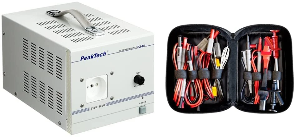 Peak Tech P 2240 - izoliacinis transformatorius, apsaugos klasė 1, mobilus naudojimas, 230 V, 500 W - 160 x 125 x 235 mm ir Peak Tech P 8200 - matavimo priedų rinkinys skaitmeniniam multimetrui - 14 dalių, įskaitant krepšį