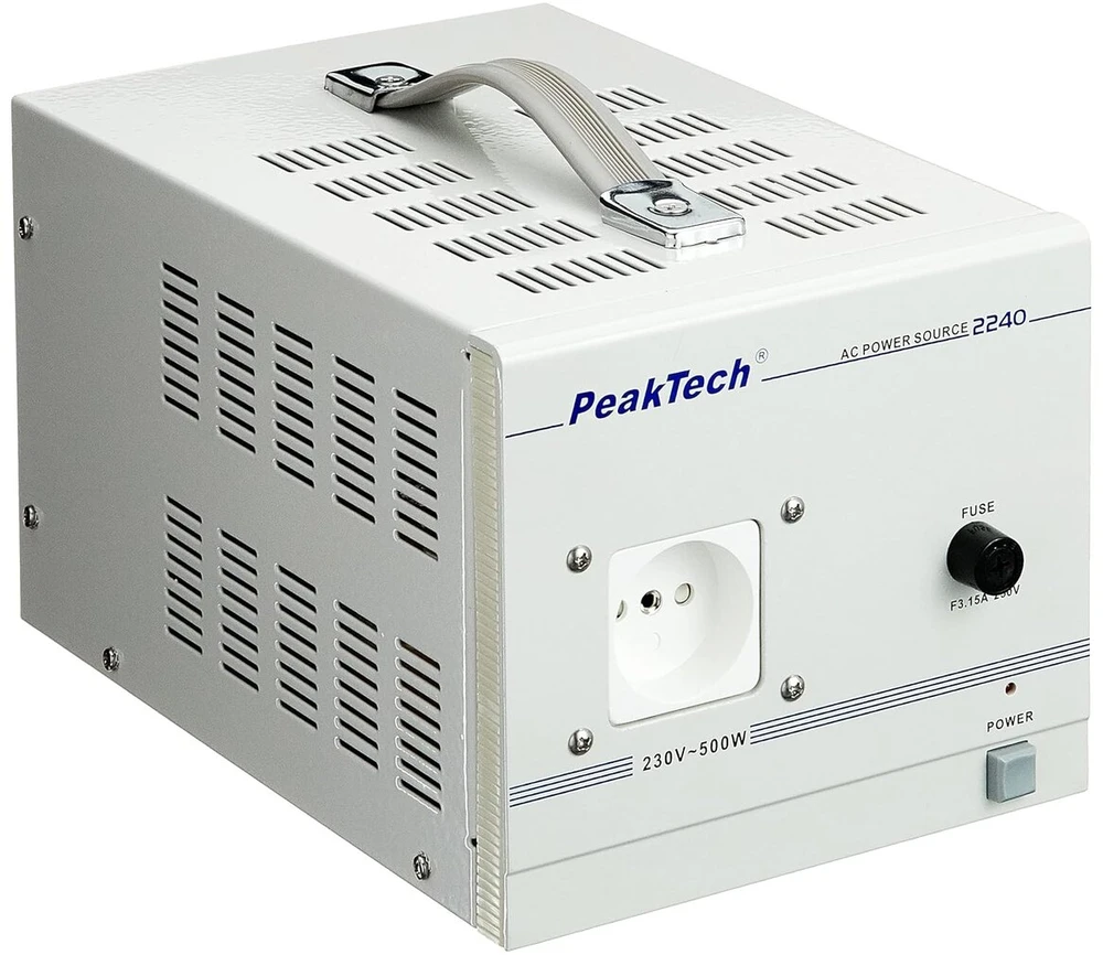 Peak Tech P 2240 - izoliacinis transformatorius, apsaugos klasė 1, mobilus naudojimas, 230 V, 500 W - 160 x 125 x 235 mm ir Peak Tech P 8200 - matavimo priedų rinkinys skaitmeniniam multimetrui - 14 dalių, įskaitant krepšį
