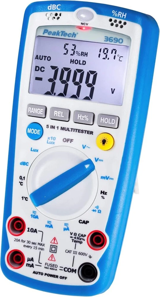 Peaktech 3690 - skaitmeninis 5-in-1 multimetras ir Peaktech P 8200 - matavimo priedų rinkinys skaitmeniniam multimetrui, elektronikos asortimentas su bandymo kabeliu, laboratoriniais laidais, bandymo laidais, krokodilo spaustukais