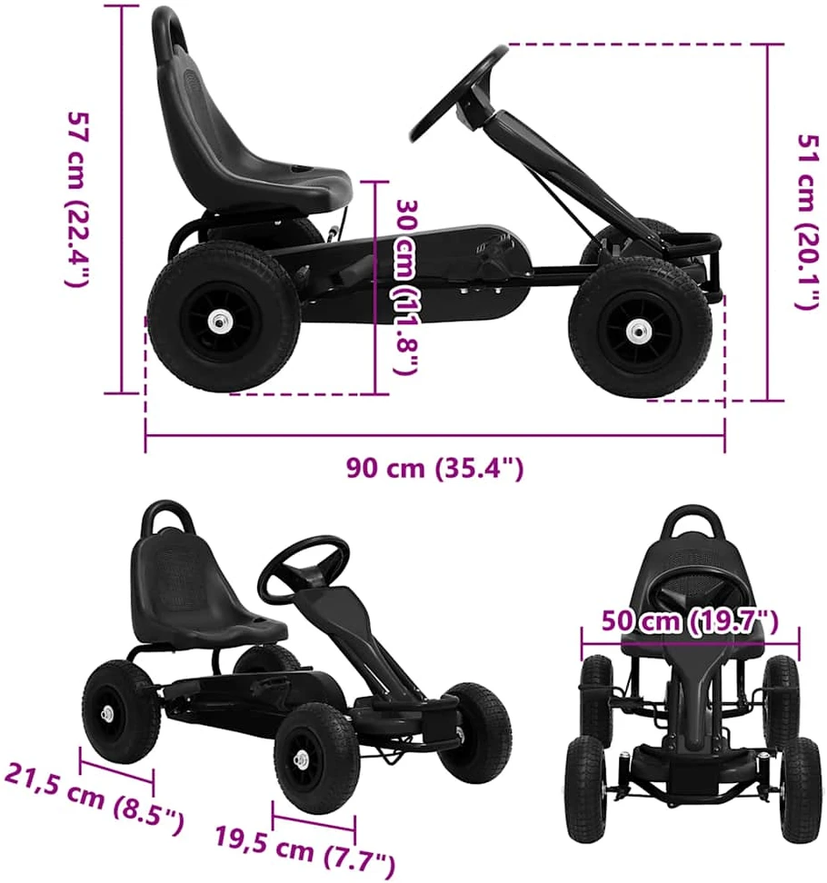 Pedalais minamas kartingas su pneumat. padangomis, juodas