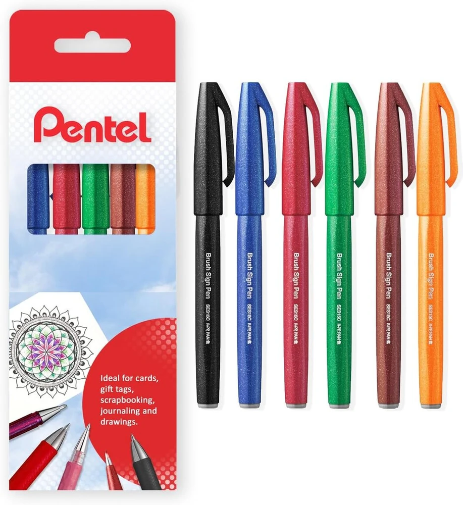 Pentel Sign Pen Ses15c - teptuko galiukas - pluošto galiukas - juoda, mėlyna, raudona, žalia, ruda, oranžinė, 6 vnt. dovanų dėžutėje