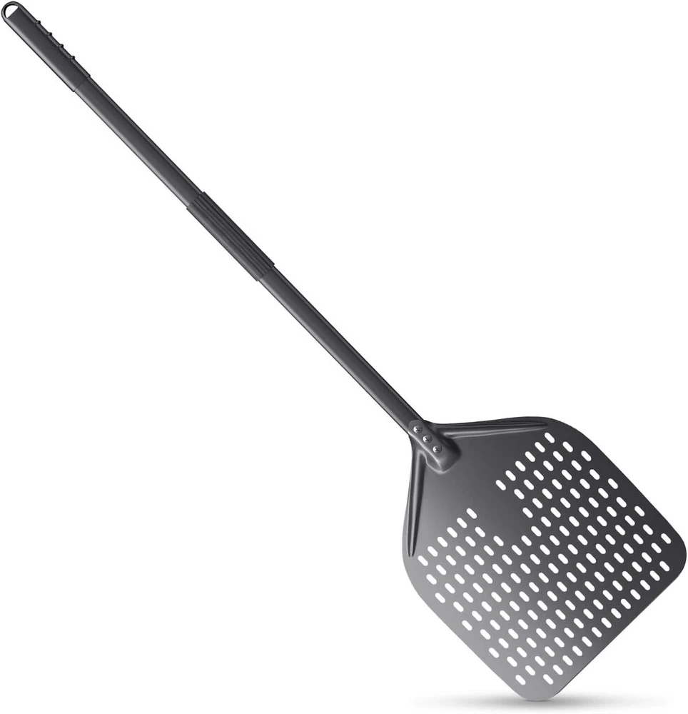 Perforuotas picos kastuvas pagamintas iš kieto anoduoto aliuminio, 30 cm / 12 colių picos mentė su ilga nuimama rankena, 112 cm bendro ilgio metalinis duonos kastuvas picos serveris picų kepimui
