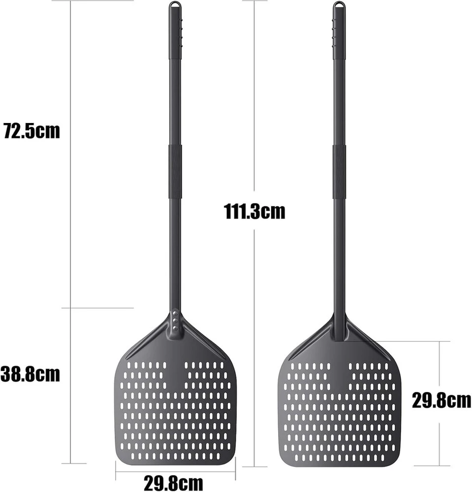 Perforuotas picos kastuvas pagamintas iš kieto anoduoto aliuminio, 30 cm / 12 colių picos mentė su ilga nuimama rankena, 112 cm bendro ilgio metalinis duonos kastuvas picos serveris picų kepimui