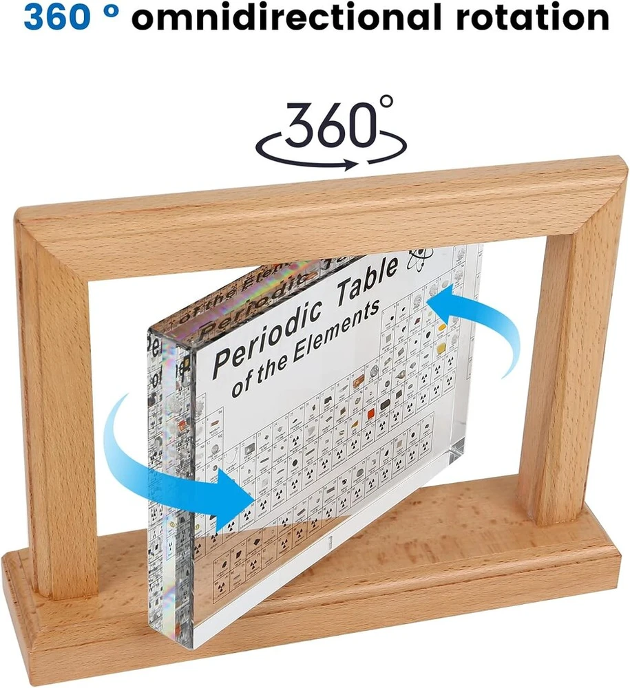 Periodinė elementų lentelė su tikrais elementais, 21 x 16 x 5,5 cm akrilo periodinė 83 elementų lentelė su 360° besisukančiu stovu, chemijos elementų studijų plakatas, periodinės lentelės ekranas, mokymo priemonė