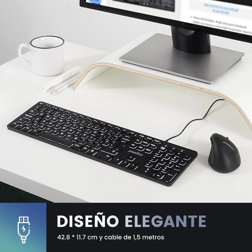 Perixx Periboard-331 pilno dydžio usb klaviatūra su apšvietimu ir laidu - žirkliniai klavišai type x - baltas apšvietimas - juoda - ispanų qwerty