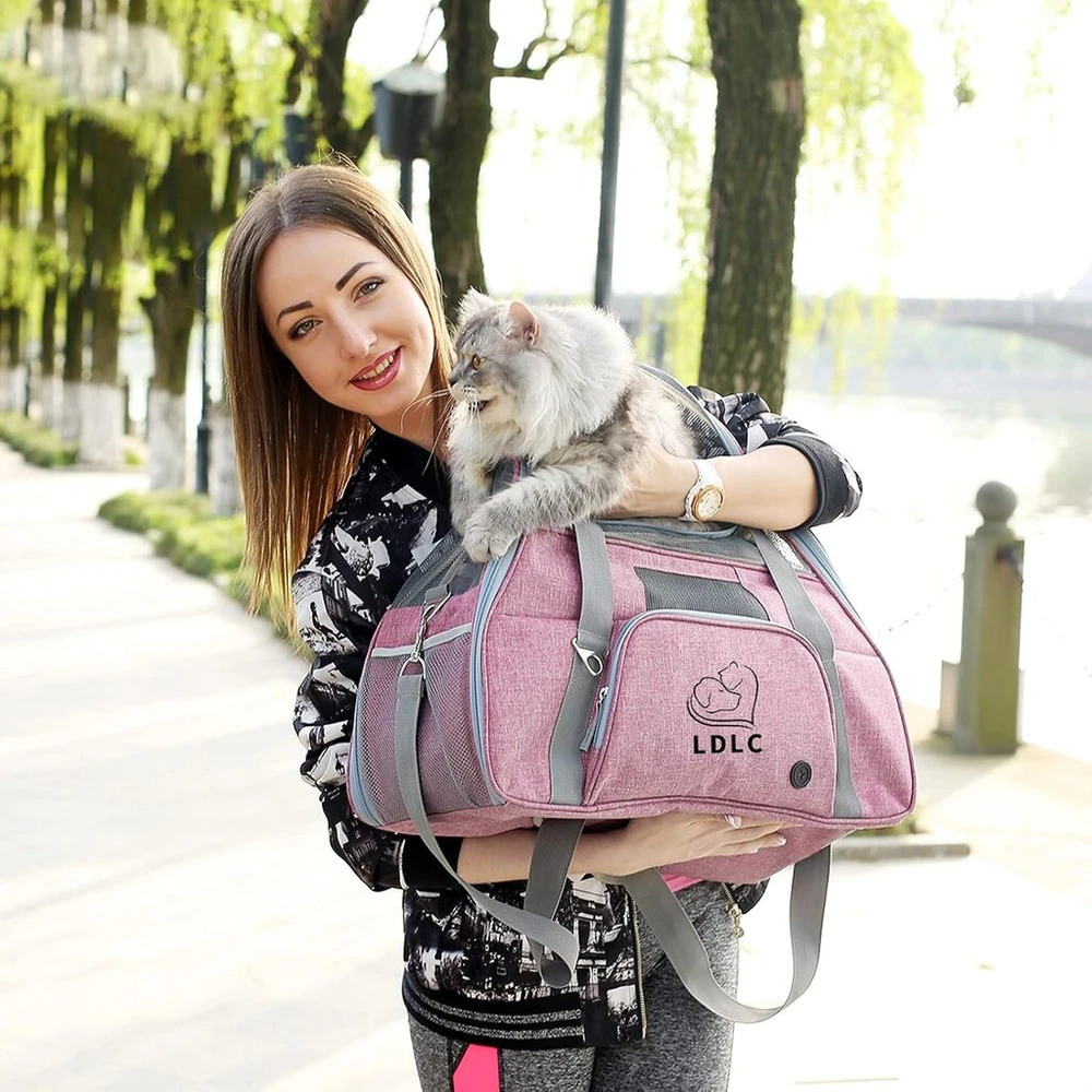 Petcute transportavimo dėžė šunims, kvėpuojantis krepšys katėms nešti, transportavimo dėžė katėms, krepšiai su minkštu čiužiniu, Oxford medžiagos nešyklė su peties dirželiu, patvirtinta oro linijų, rožinė