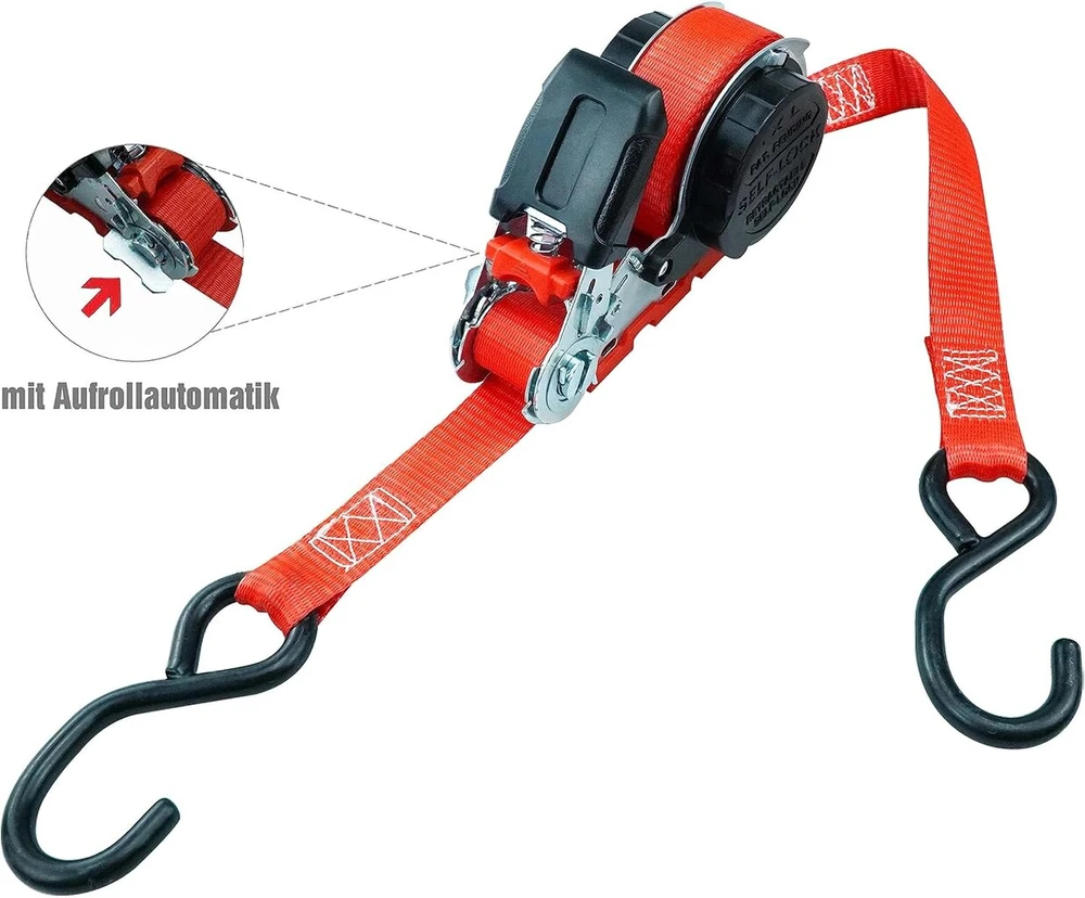 Petex 4 x automatiniai reketiniai diržai savaime susivyniojantys 1 vnt. 5 m x 25 mm 350/700 Dan raudoni S formos kabliai