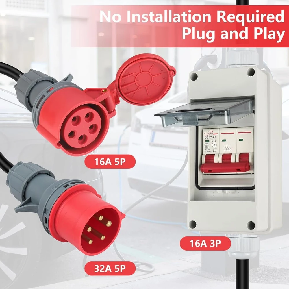 Pfloge® Cee adapteris, 32a į 16a adapteris su grandinės pertraukikliu 5 kontaktų 400v jungtis didelės srovės adapteris, Ip 44, Cee ilginamasis laidas 1 m