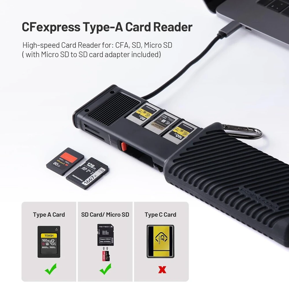 Pgytech Cfexpress Type A/sd/micro Sd kortelių skaitytuvas 10gbps Usb 3.2 Gen2, Cfexpress Type A/sd/tf kortelių laikiklis, aliuminio lydinys, suderinamas su kameromis/telefonais/dronais/veiksmo kameromis (juodas)
