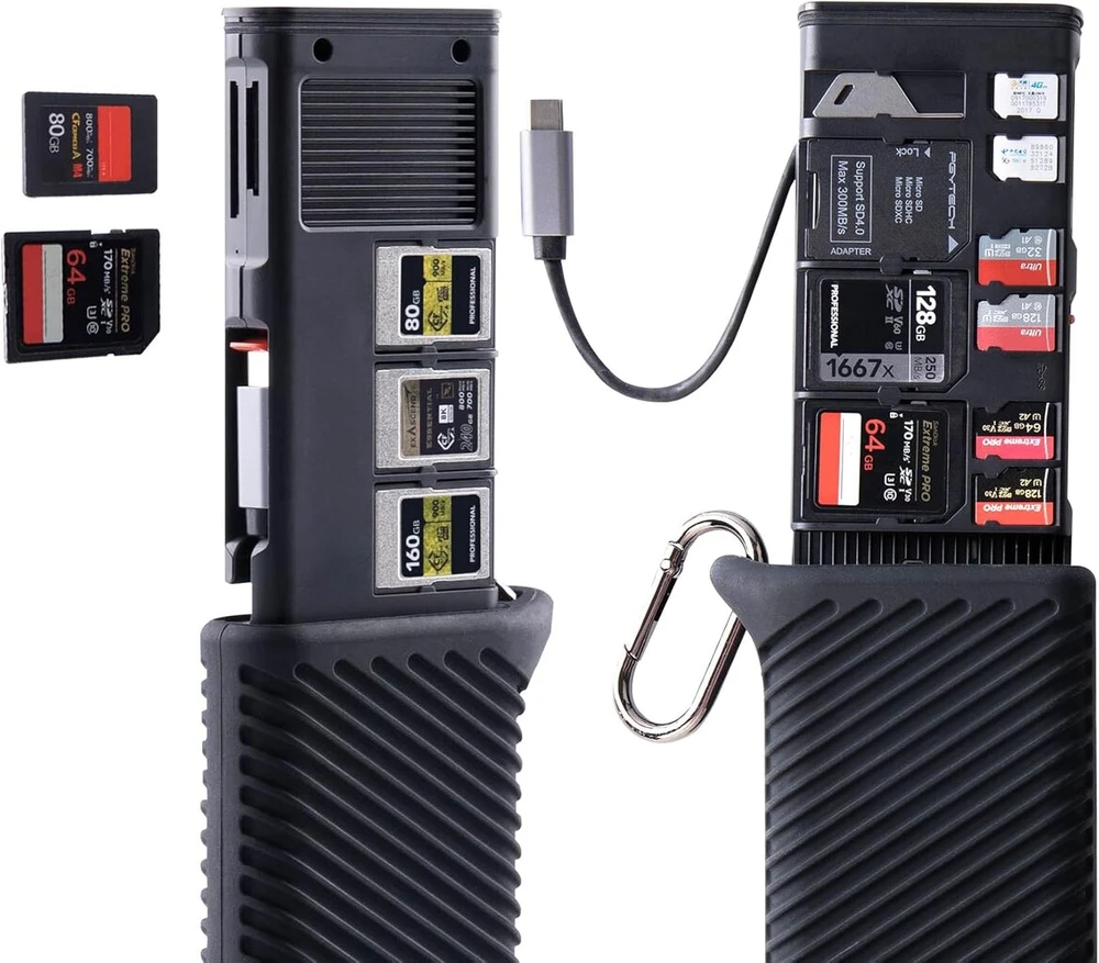 Pgytech Cfexpress Type A/sd/micro Sd kortelių skaitytuvas 10gbps Usb 3.2 Gen2, Cfexpress Type A/sd/tf kortelių laikiklis, aliuminio lydinys, suderinamas su kameromis/telefonais/dronais/veiksmo kameromis (juodas)