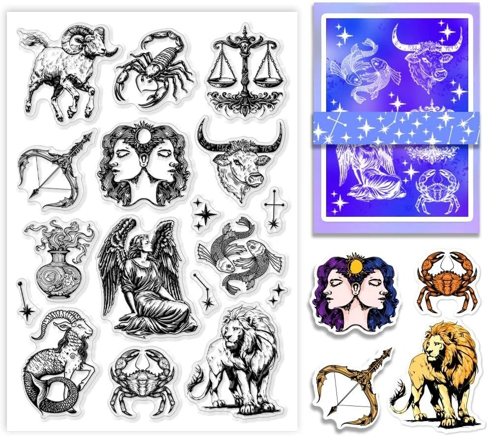 Ph Pandahall dvylikos zodiako ženklų skaidrūs antspaudai, žvaigždžių guminis antspaudas, skaidrus silikoninis antspaudas popieriaus gamybai, rankų darbo amatams, scrapbooking priedai, amatai, 21 x 14.8 cm