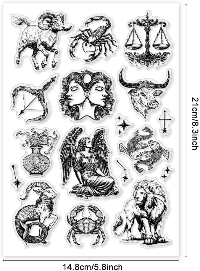 Ph Pandahall dvylikos zodiako ženklų skaidrūs antspaudai, žvaigždžių guminis antspaudas, skaidrus silikoninis antspaudas popieriaus gamybai, rankų darbo amatams, scrapbooking priedai, amatai, 21 x 14.8 cm