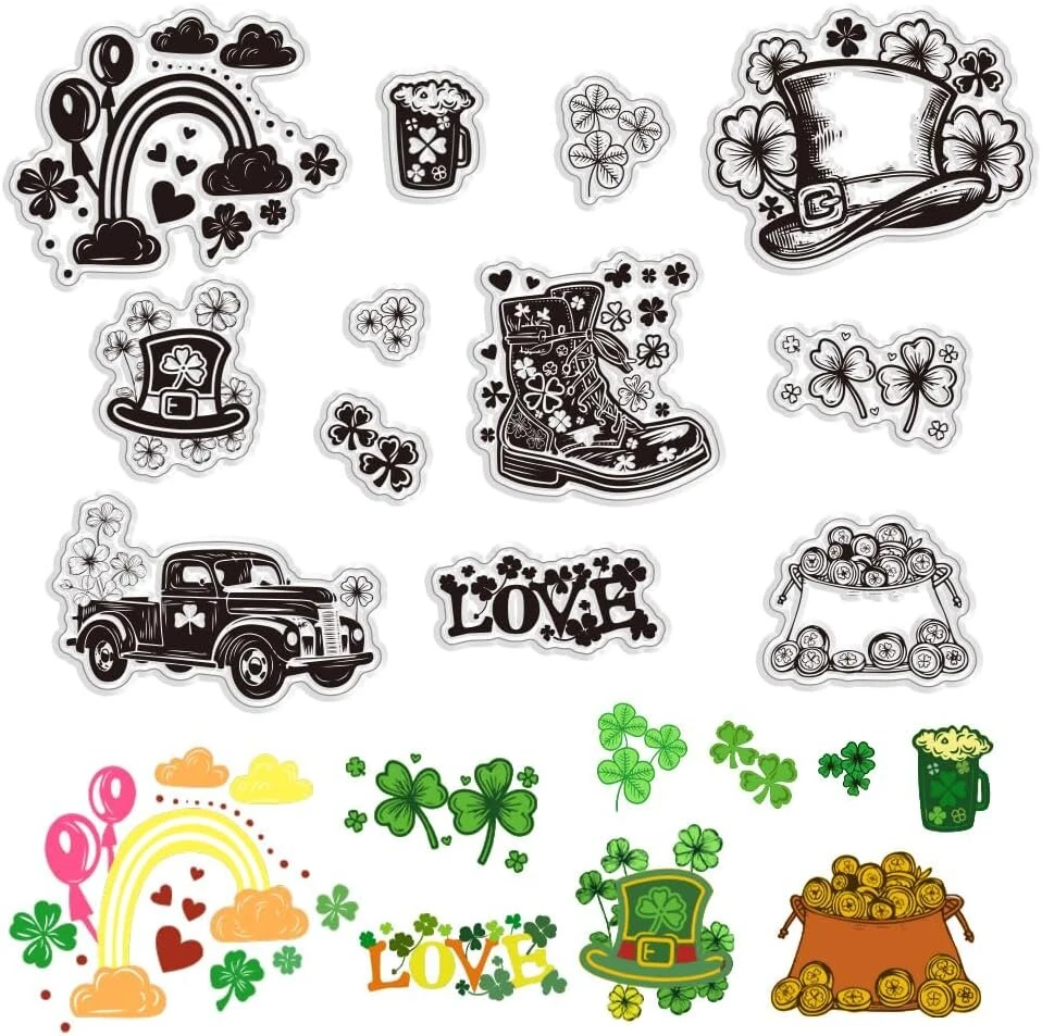 Ph pandahall skaidrūs antspaudai su dobilų lapų motyvu Šv. patriko dienai, skaidrus antspaudas automobiliui, dekoratyviniai skaidrūs antspaudai kortelių gamybai, scrapbooking'o antspaudų albumų amatams