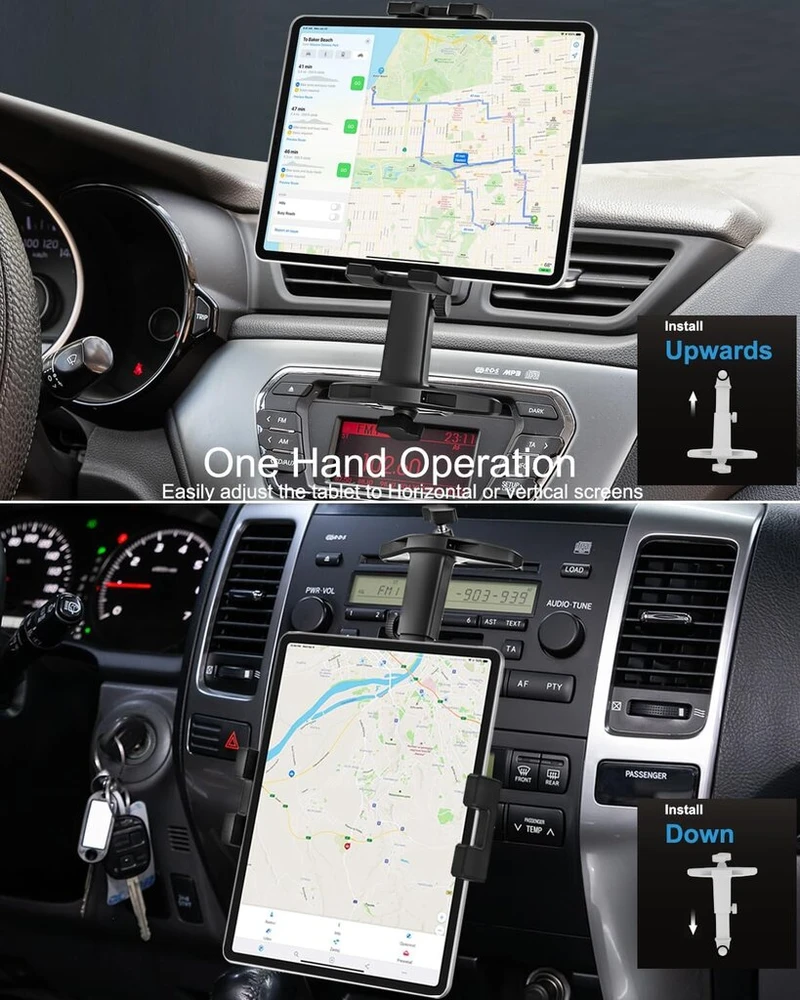 Phichy planšetinio kompiuterio laikiklis į cd grotuvo lizdą automobilyje, skirtas 4.7-13 colių ipad, 360° pasukamas reguliuojamas laikiklis skirtas ipad pro/air/mini, išmaniesiems telefonams, galaxy tab, fire hd, iphone