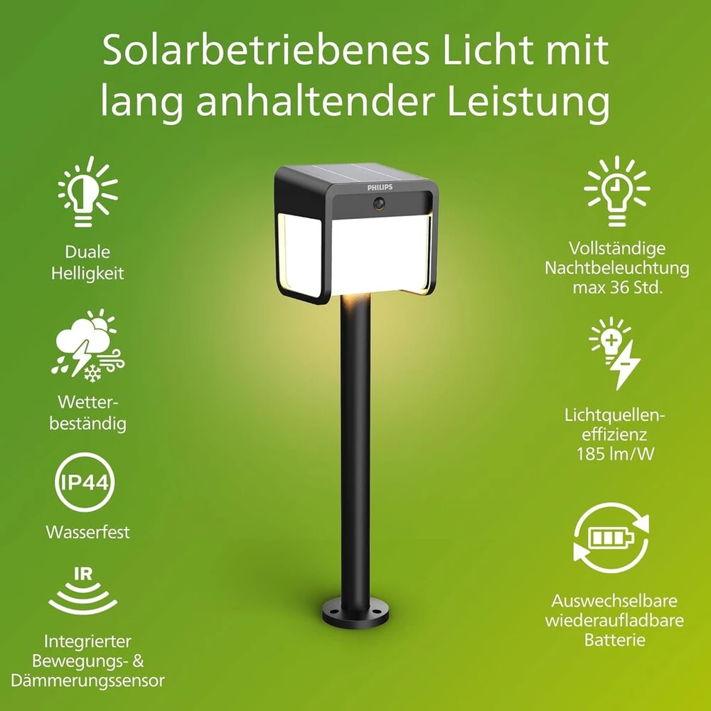 Philips Ezra itin efektyvus lauko saulės energijos postamento šviestuvas su jutikliu, 3000k balta šviesa, 250/25lm, juodas