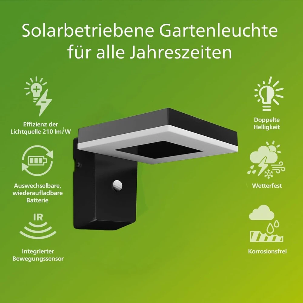 Philips itin efektyvus lauko sieninis šviestuvas su saulės baterija Zonal 1.3 W, dienos šviesa ir judesio jutiklis, kvadratinis, 3000 kelvinų, energiją taupantis, juodas
