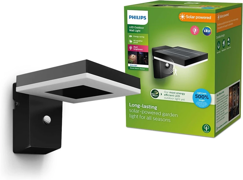 Philips itin efektyvus lauko sieninis šviestuvas su saulės baterija Zonal 1.3 W, dienos šviesa ir judesio jutiklis, kvadratinis, 3000 kelvinų, energiją taupantis, juodas