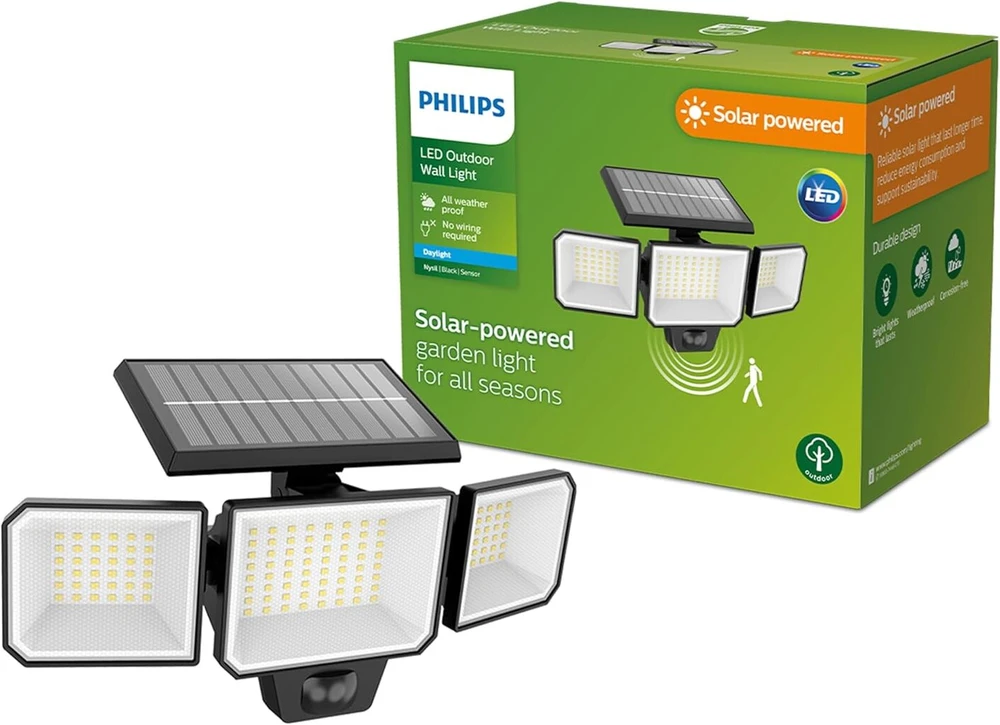 Philips lauko saulės energijos sieninis apsaugos šviestuvas Nysil 8.7 W, dienos šviesa ir judesio jutiklis, 5000 kelvinų, Ip44 atsparus oro sąlygoms, juodas