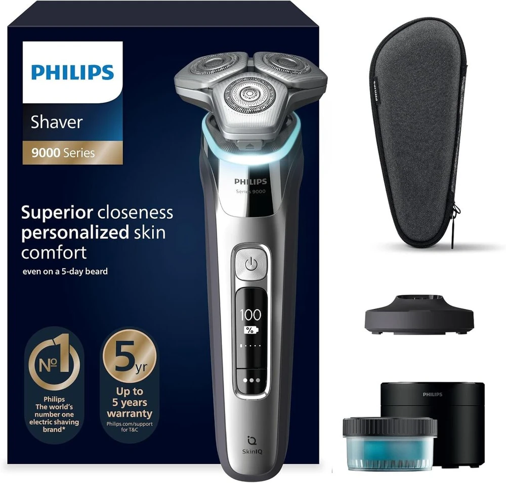 Philips Shaver S9000 elektrinis skustuvas skirtas šlapiam ir sausam skutimui, Lift & Cut skutimosi sistema ir Skiniq technologija, išlankstomas trimeris, valymo stotelė, įkrovimo stotelė, kelioninis dėklas, chromo sidabro spalvos, S9975/54