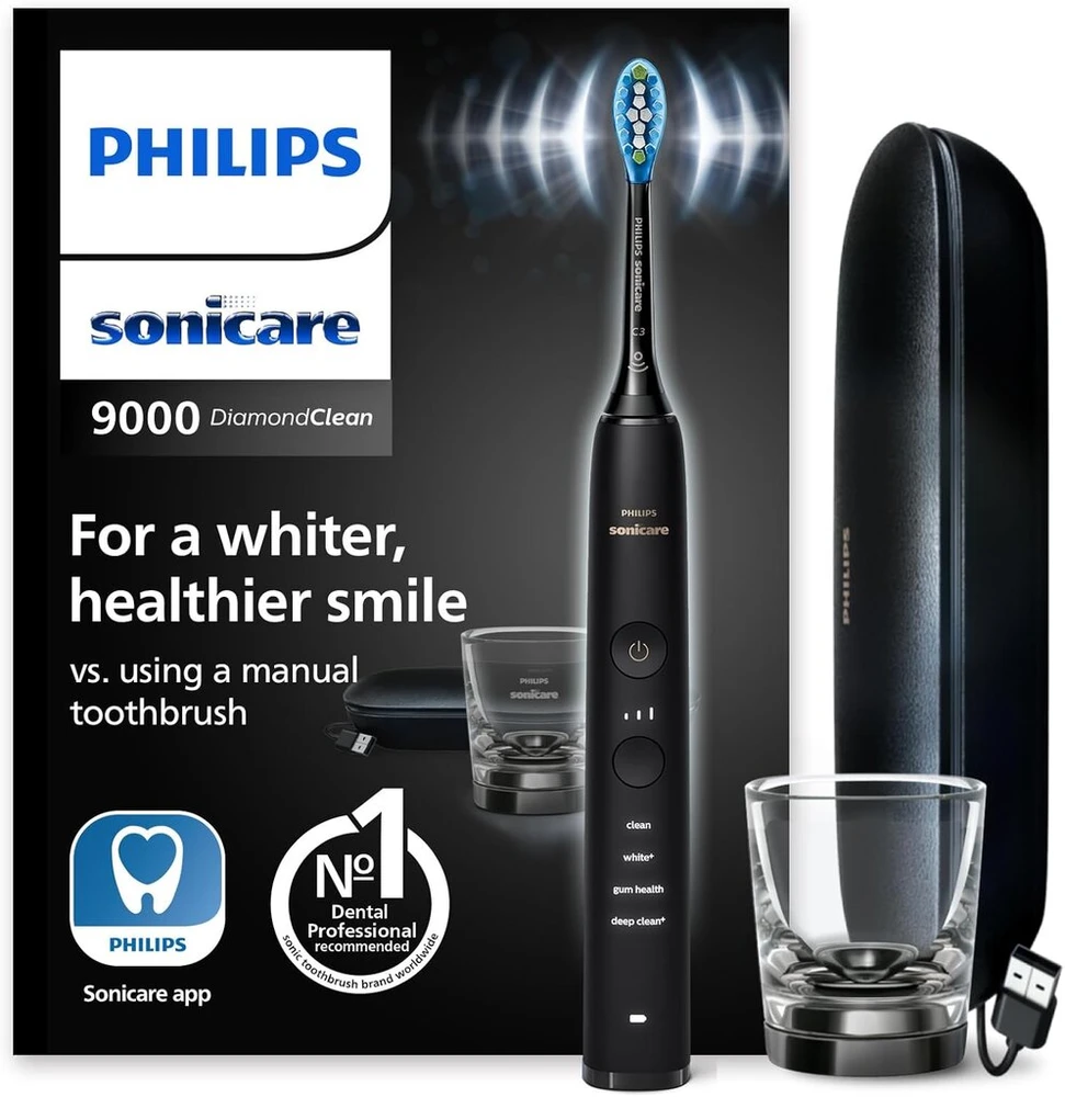 Philips Sonicare Diamondclean 9000 elektrinis dantų šepetėlis Hx9911/09, soninis dantų šepetėlis su 4 valymo programomis, 3 intensyvumais, spaudimo kontrole, įkrovimo stikline ir usb kelioniniu dėklu, juodas