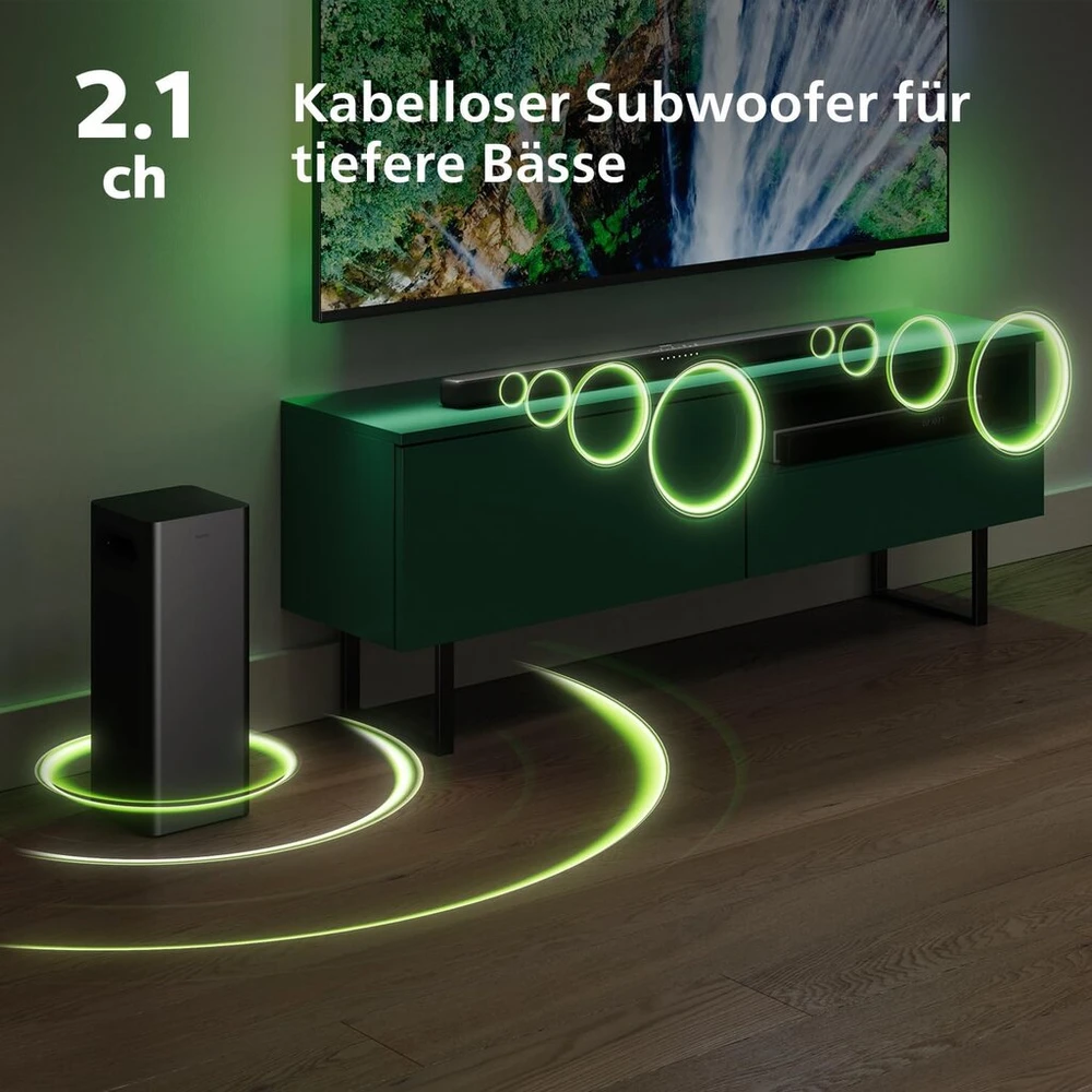 Kompiuterio kolonėlės Philips Tab6309 garso juosta 2.1 su belaidžiu žemų dažnių garsiakalbiu - 2.1 kanalo 320w, Dts Virtual X, Bluetooth 5.4, Hdmi Arc, optinė jungtis ir Usb jungiamumas - tamsiai pilka