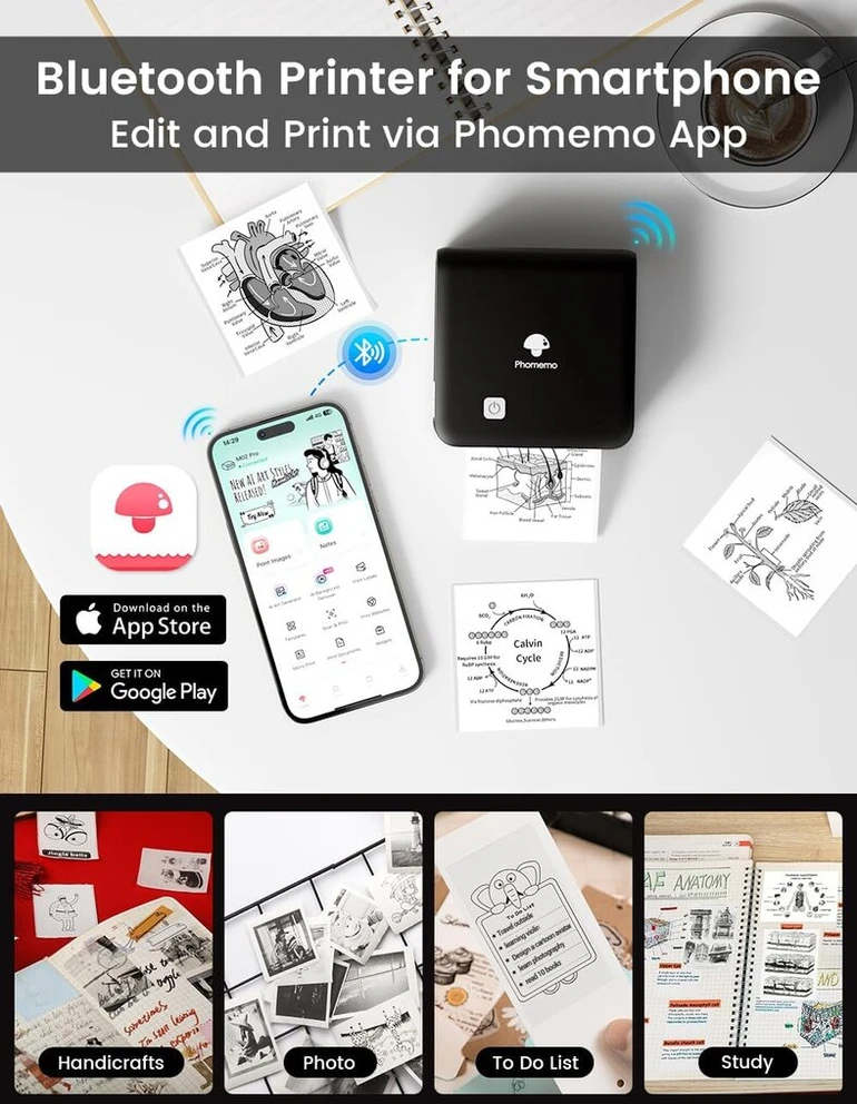 Phomemo M02 Pro 300 Dpi mini spausdintuvas, kišeninis spausdintuvas, bluetooth nuotraukų spausdintuvas išmaniesiems telefonams, terminis spausdintuvas, suderinamas su 15, 25, 50 mm popieriumi, idealus užrašams, mokslui, scrapbooking'ui, nuotraukoms, juoda