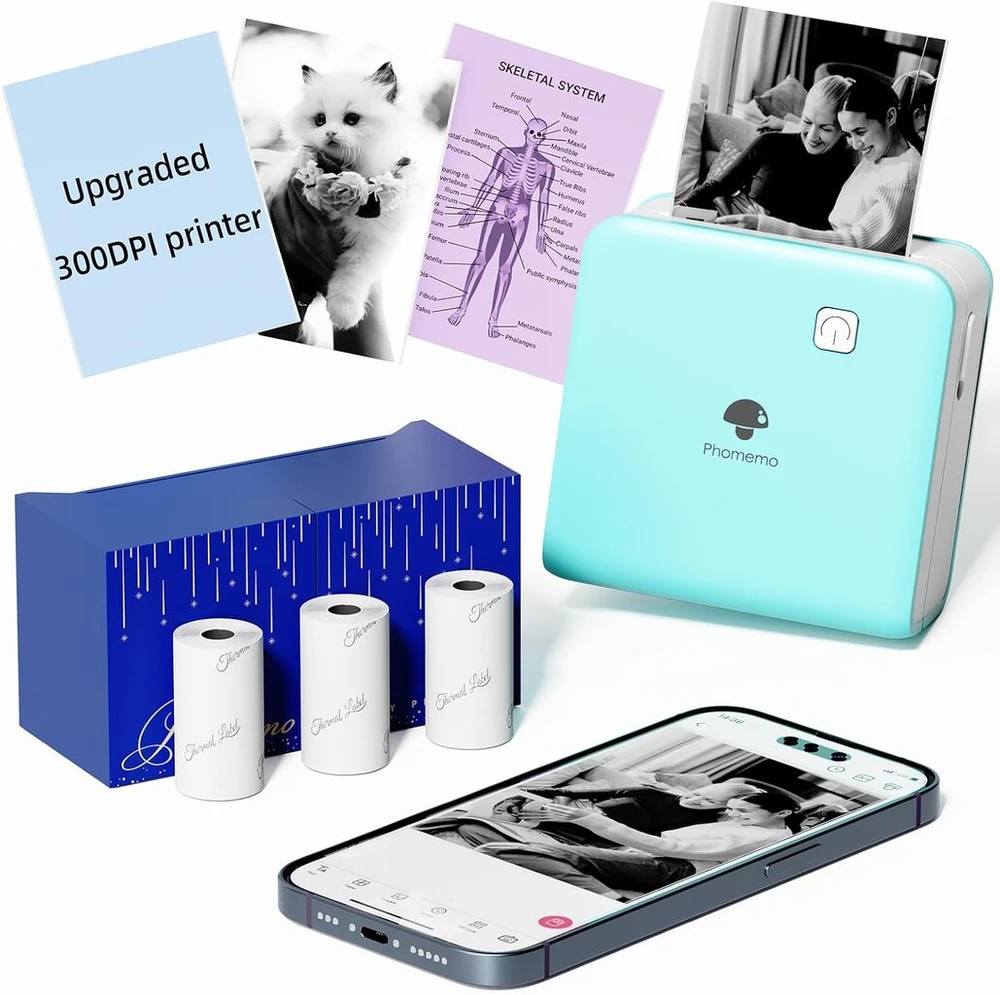 Phomemo mini nuotraukų spausdintuvas, 300 dpi mini terminis spausdintuvas išmaniesiems telefonams, p2s bluetooth lipdukų spausdintuvas mokymuisi, nuotraukoms, mini nešiojamas nuotraukų spausdintuvas kelionėms, mini spausdintuvas su 3 popieriaus ritiniais