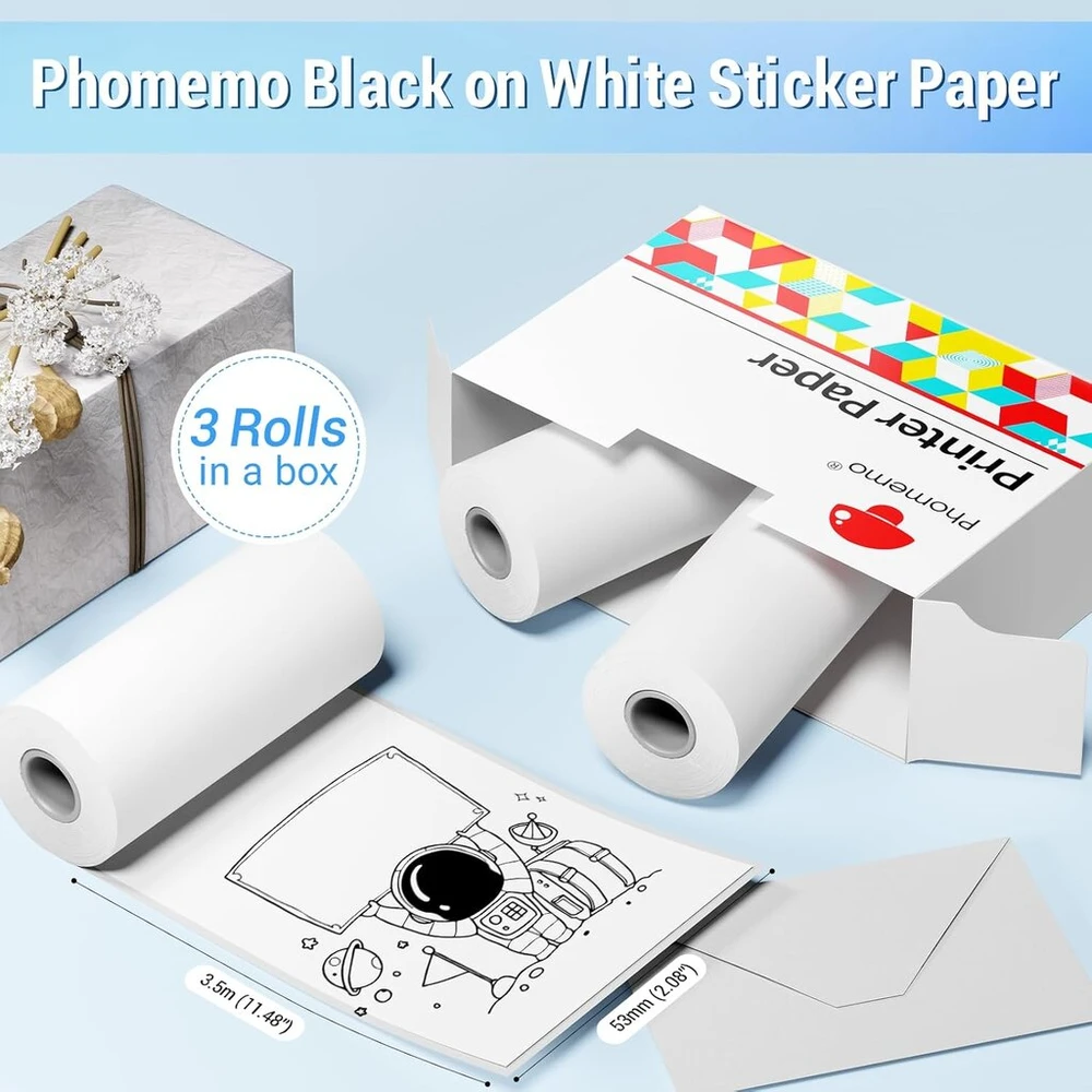 Phomemo spausdinamas lipdukas, baltas tiesioginio terminio popierius, lipnus 53 x 30 mm, skirtas Phomemo M02/m02pro/m02s/m03 nešiojamam Bluetooth kišeniniam mobiliajam spausdintuvui, 3 ritinėliai