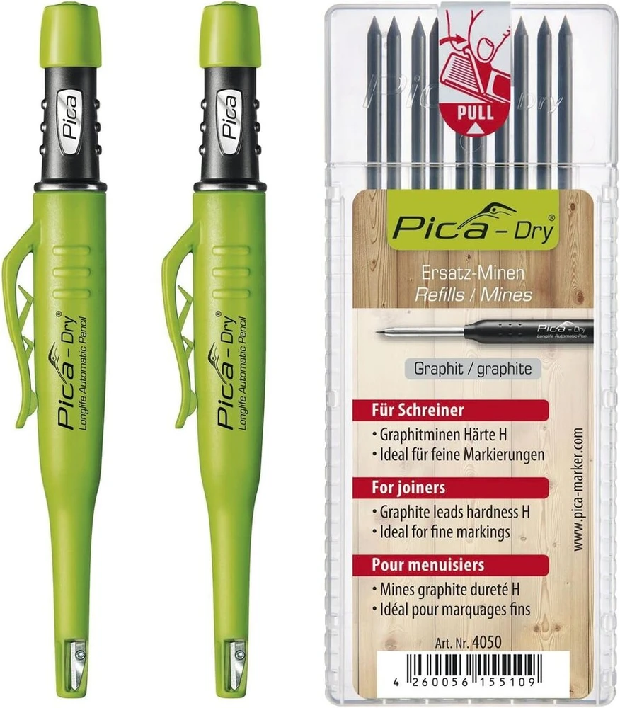 Pica Dry rinkinys - 2 x Pica rašikliai Automatic su 10 x Pica Dry šerdelėmis H Graphite, būtinas rankų darbui ir "pasidaryk pats", 3 dalių