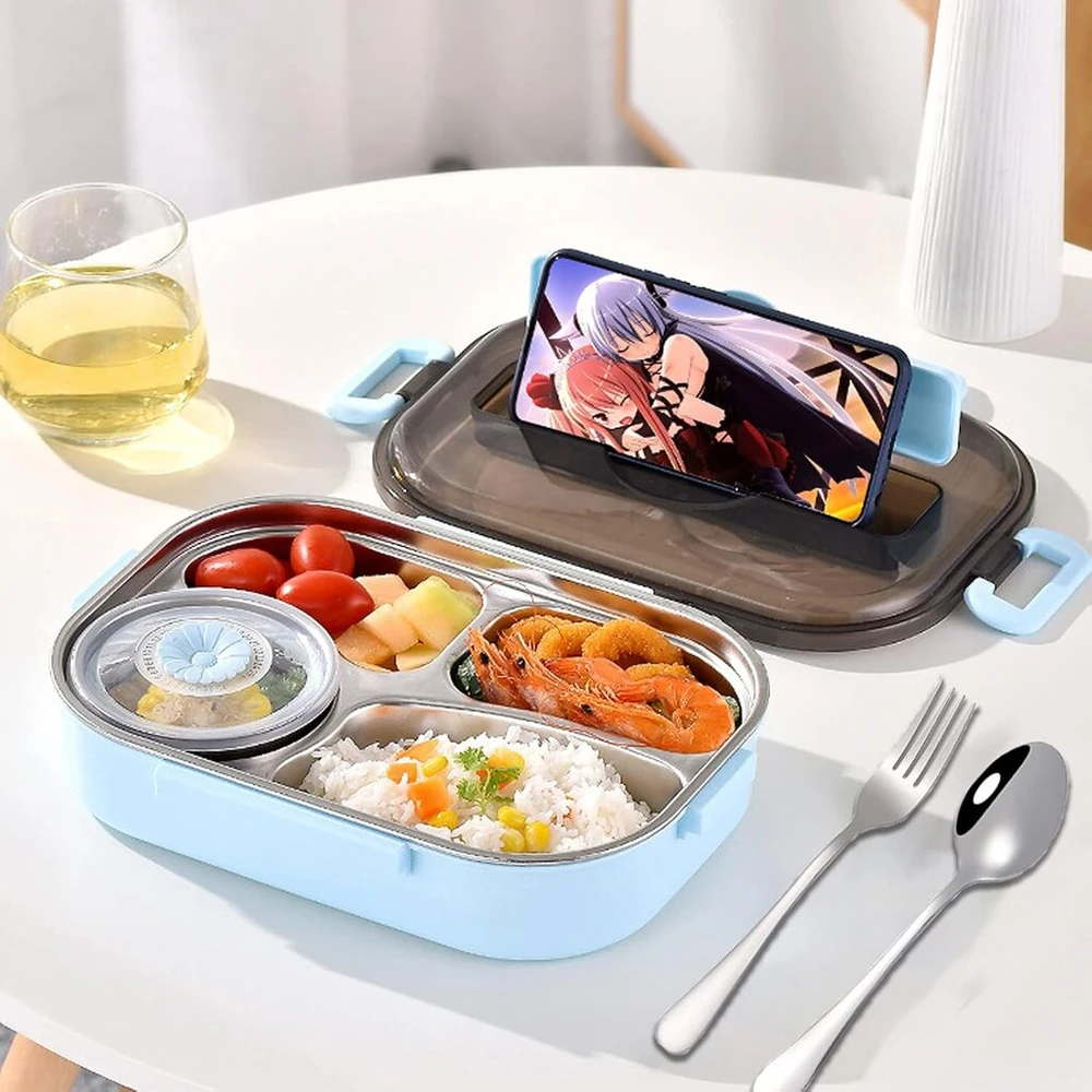 Pietų dėžutė pagaminta iš 304 nerūdijančio plieno, pietų dėžutė su 4 skyriais, su šaukštu ir šakute, su desertiniu puodeliu, 1500 ml bento pietų dėžutė, pietų dėžutė, maisto pašildymo dėžutė, pusryčių dėžutė, skirta žygiams
