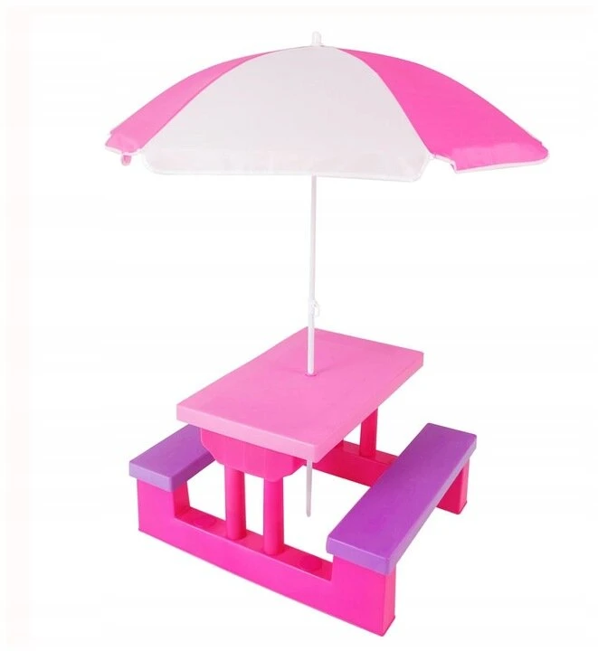 Pikniko sodo stalas vaikams su skėčiu ir suoliukais