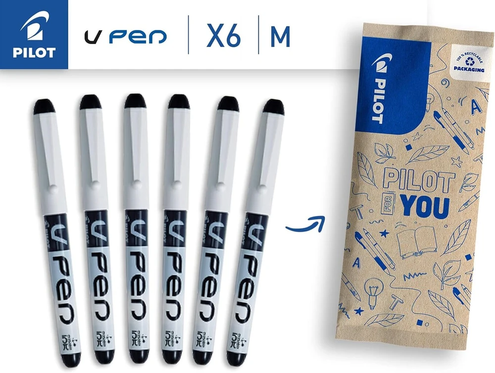 Pilot v-pen rašiklis su nerūdijančio plieno plunksna m, 6 vnt. rinkinys (juodas)