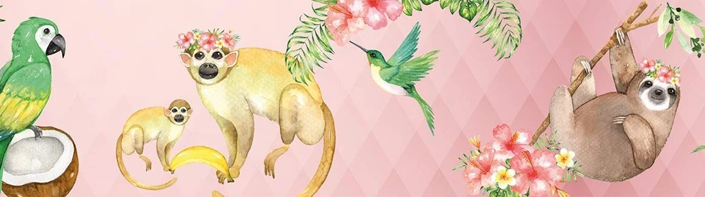 Pink Anna Wand lipni vaiko kambario bordiūras pagamintas Vokietijoje tapetų bordiūras 450 x 11,5 cm sienų lipdukas mergaitėms ir berniukams Jolly Jungle Rožinė