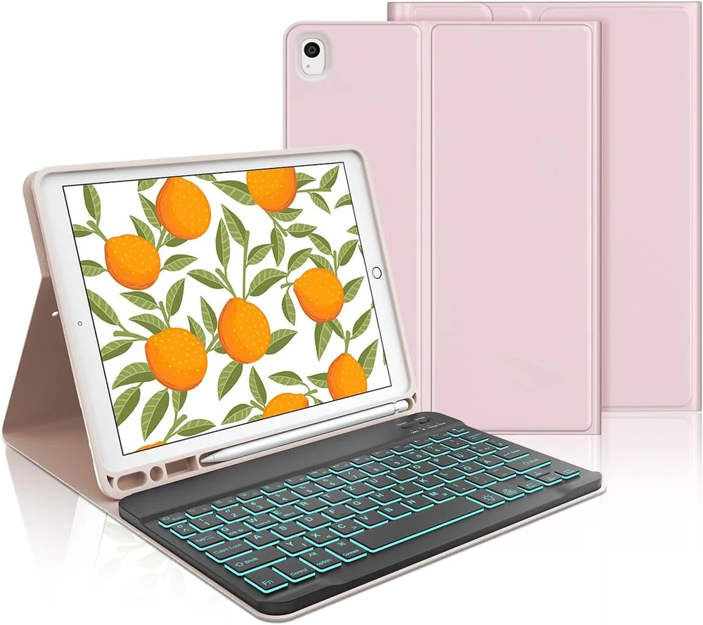Pink Ipad klaviatūra su dėklu (9-osios/8-osios/7-osios kartos), magnetinė nuimama 7 spalvų apšvietimo Qwertz, skirta Ipad 10.2", Air 3 ir Pro 10.5, Sakura Rožinė