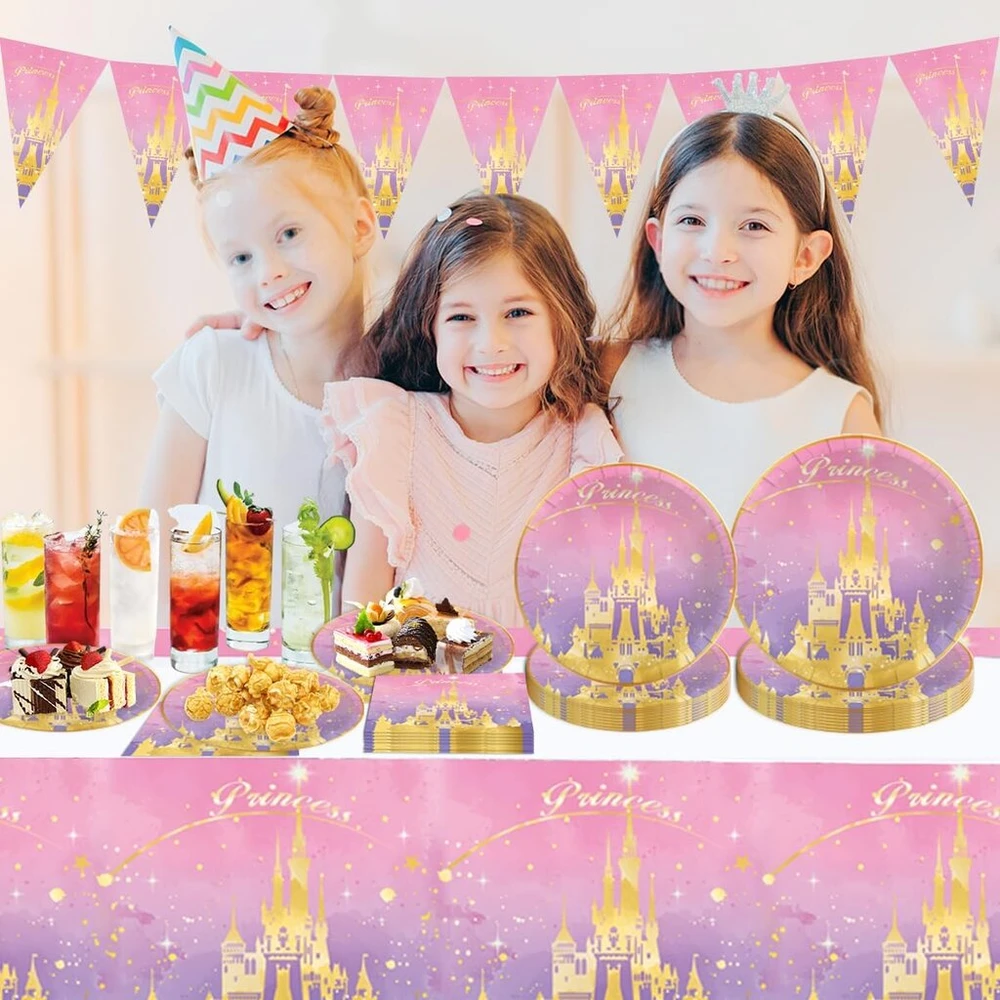 Piumoj princesės vakarėlio stalo įrankių rinkinys, princesės gimtadienio stalo įrankiai, rožinės pilies vakarėlio stalo įrankiai, popierinės lėkštės vaikų gimtadieniui princesė, servetėlės, staltiesė, mergaičių gimtadieniui, 10 svečių