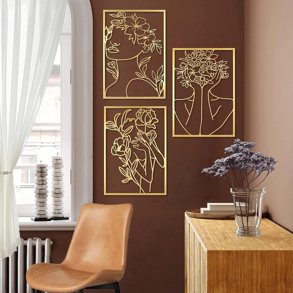 Plakatas Auksinė metalinė sienų dekoracija, 3 dalių, abstrakti moters sienų dailė, moderni sienų dekoracija, minimalistinė moters sienų dekoracija iš metalo namų biurui, svetainei, viešbučio dekoravimui (40 x 28 cm)